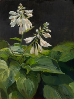 "Glow Up" contemporain réaliste fleurs blanches et feuilles vertes sur fond noir.