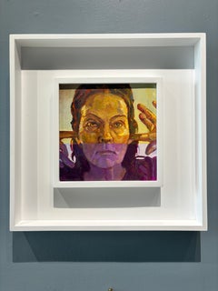 "Hear No Evil" oil painting, self-portrait of artist plugging ears with fingers