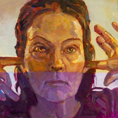 "Hear No Evil" oil painting, self-portrait of artist plugging ears with fingers