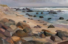 "Líquido y Sólido" óleo de paisaje marino oceánico, Montauk, Los Hamptons, Enmarcado