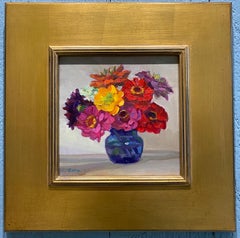 "Piccolo vaso blu di zinnie" 2024 dipinto a olio con fiori colorati in cornice dorata