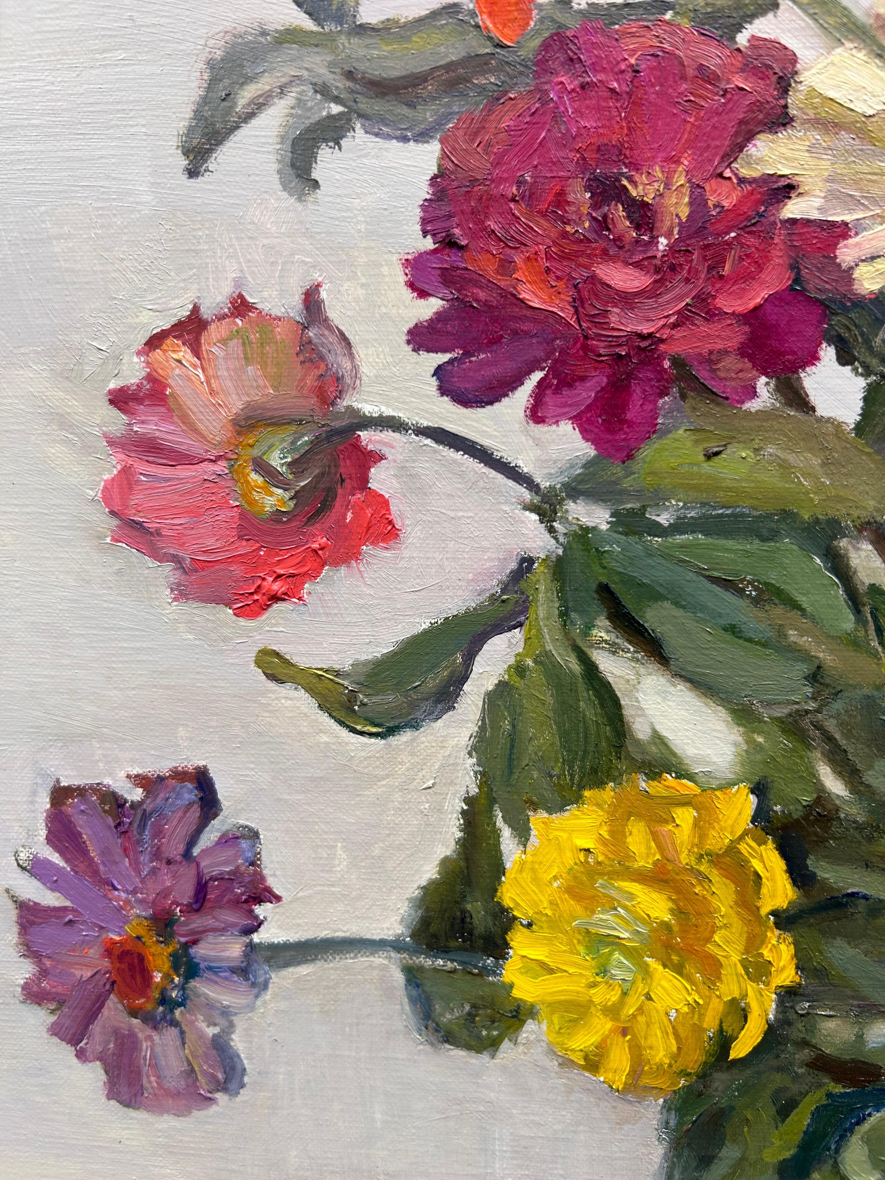 Maryann Lucas, Arrangement of Zinnias, peinture à l'huile de natures mortes florales 22 x 20,5 en vente 4