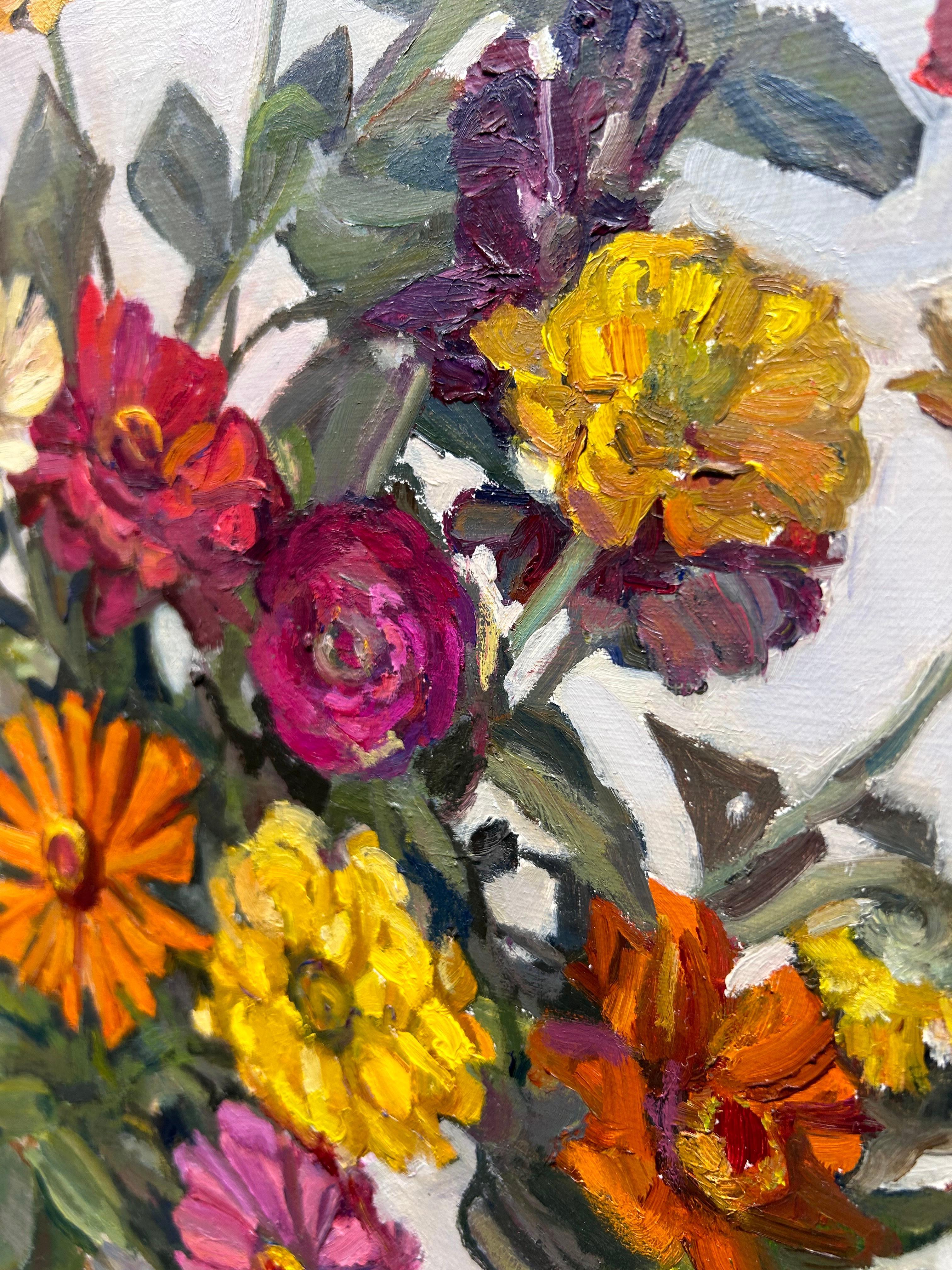 Maryann Lucas, Arrangement of Zinnias, peinture à l'huile de natures mortes florales 22 x 20,5 en vente 5