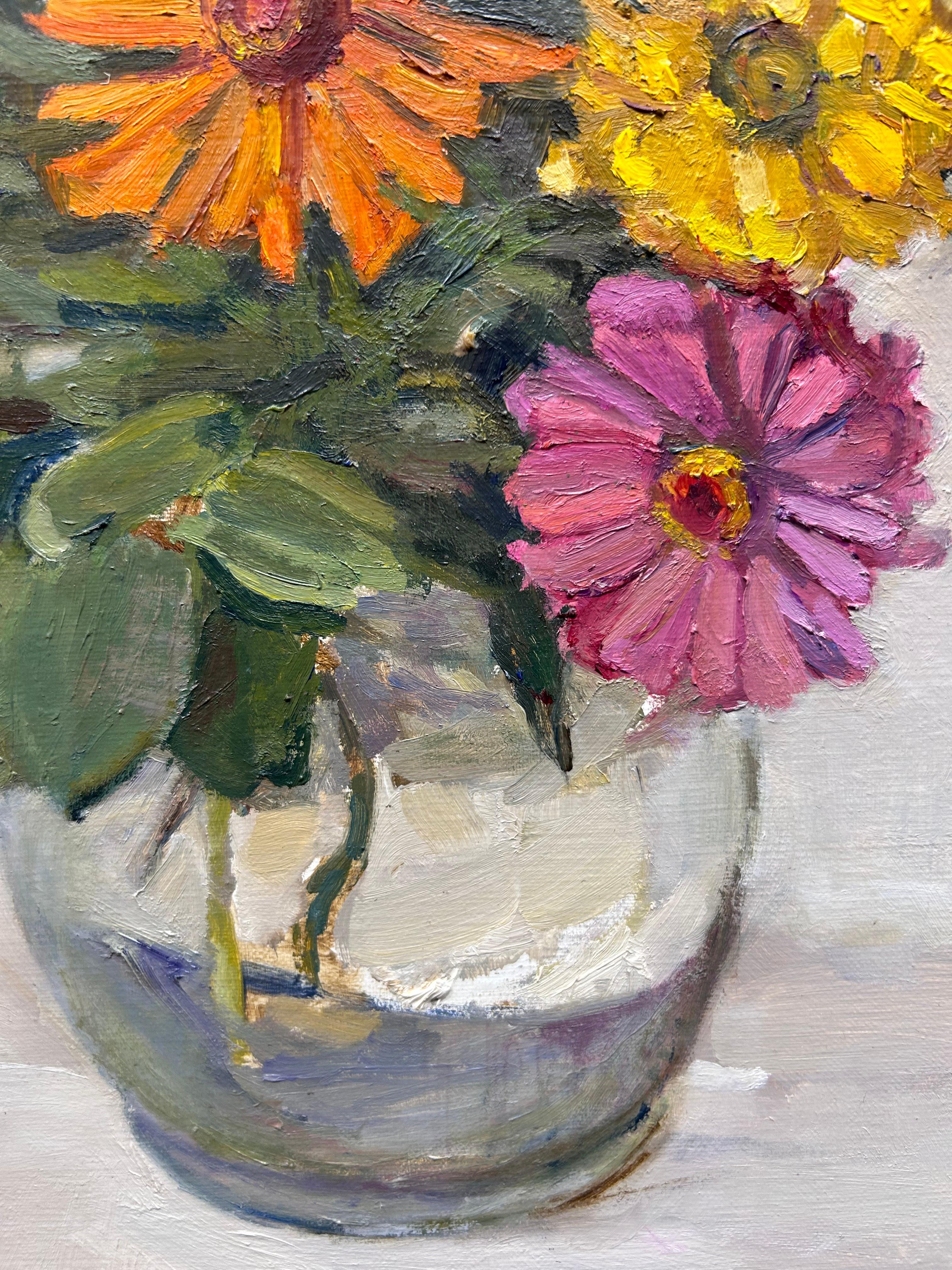 Maryann Lucas, Arrangement of Zinnias, peinture à l'huile de natures mortes florales 22 x 20,5 en vente 6