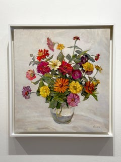 Maryann Lucas, "Composizione di zinnie", pittura a olio su natura morta floreale 24x22