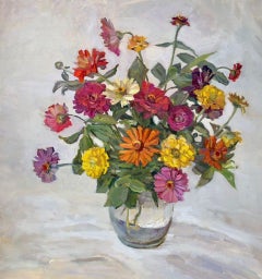 Maryann Lucas, "Arreglo de zinnias", 24x22 Naturaleza muerta floral Pintura al óleo