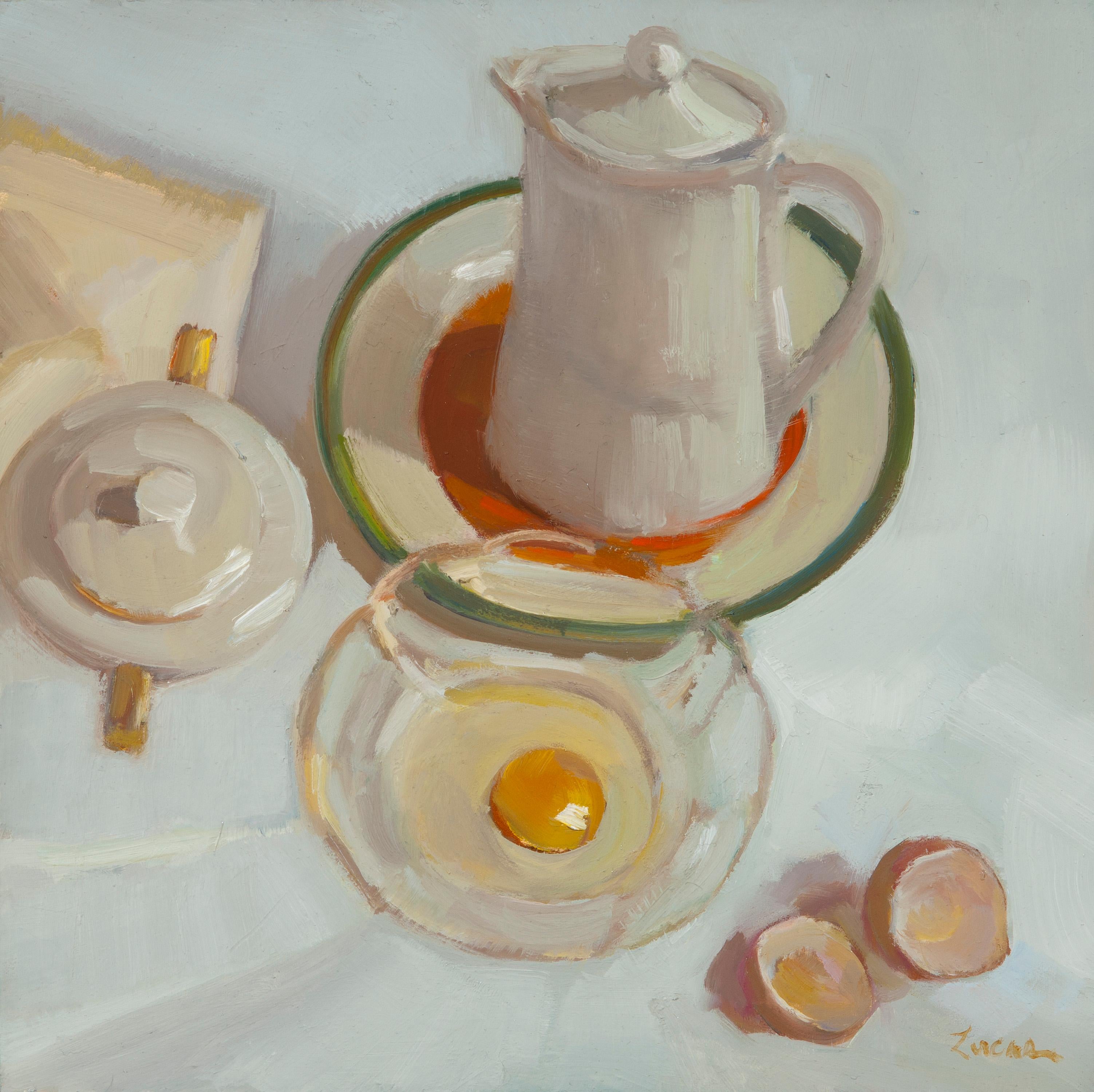 This breakfast scene, "Egg Centric", is a 12x12 still life oil painting on board featuring a white tea kettle and bowl with raw egg cracked inside. 

About the artist:
Maryann Lucas paints with a dual purpose: to become evermore skilled and