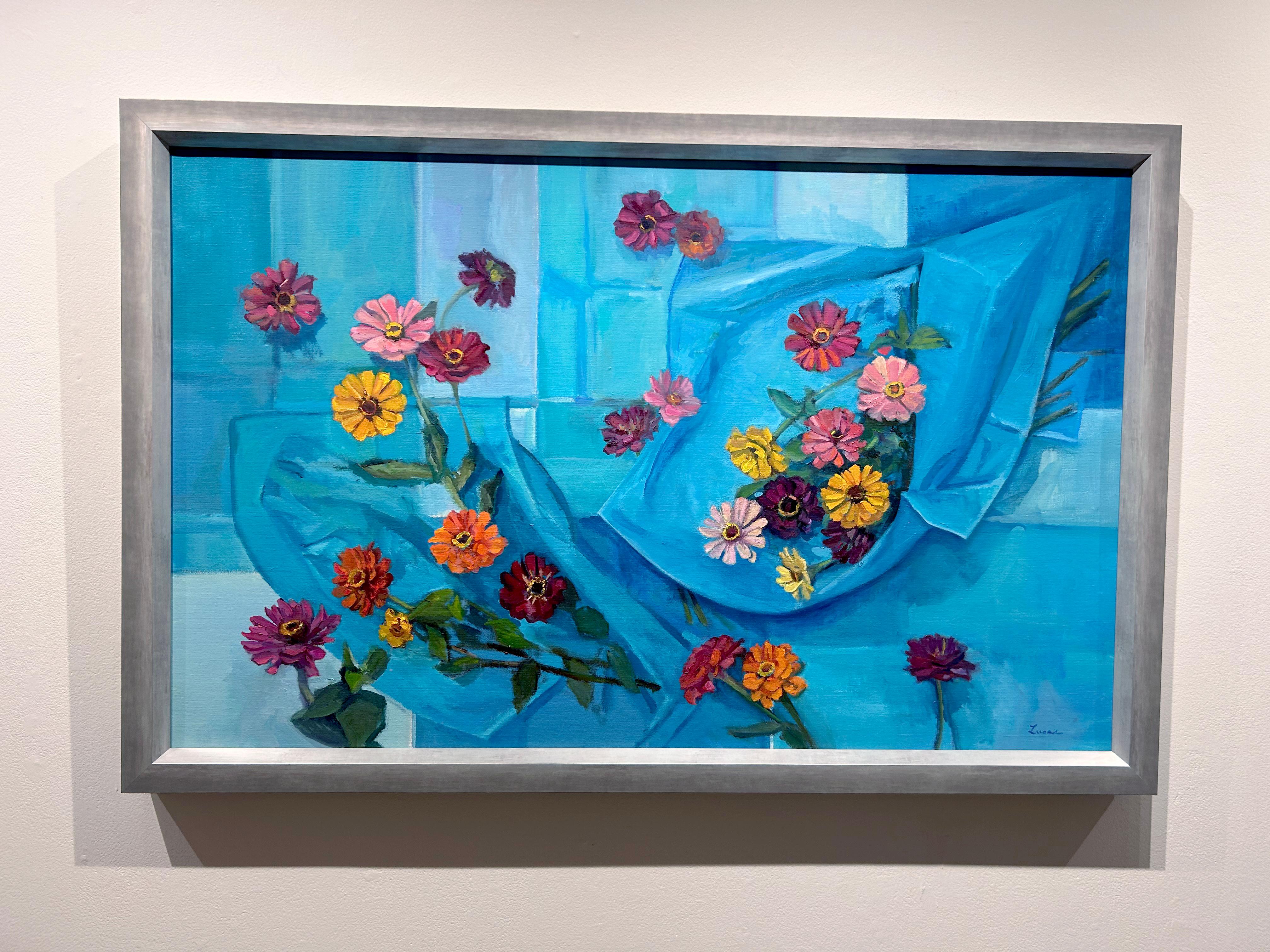 Peinture à l'huile florale « Out of the Blue » de Maryann Lucas, 30x48 en vente 1
