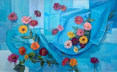 Used Maryann Lucas, "Out of the Blue", 30x48 Floral Still Life Oil Painting