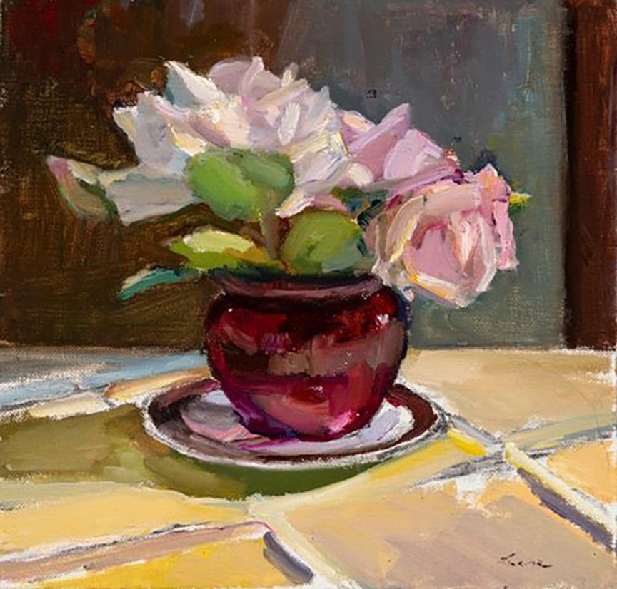 Maryann Lucas, "Pizzico di rosa", pittura a olio su vaso floreale 8x8, natura morta