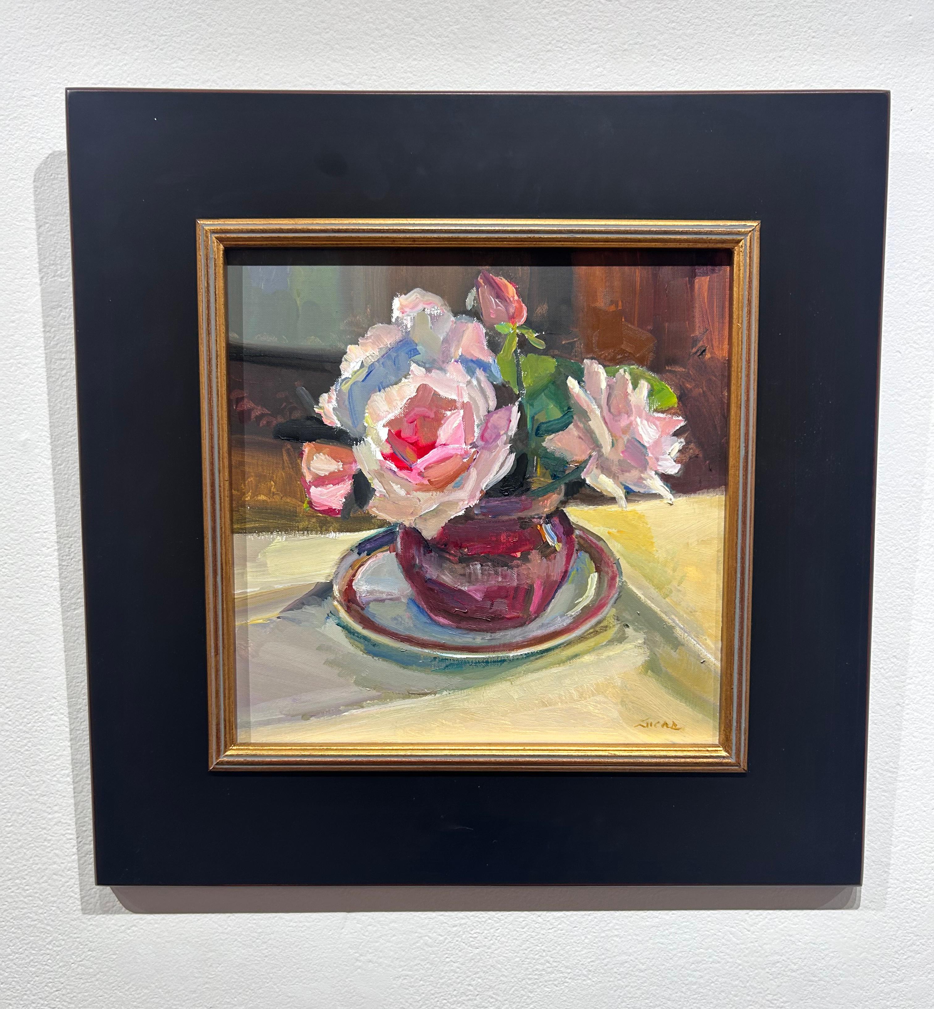 Peinture à l'huile « Pink Roses in Raspberry Glass », 12 x 12, Maryann Lucas en vente 1