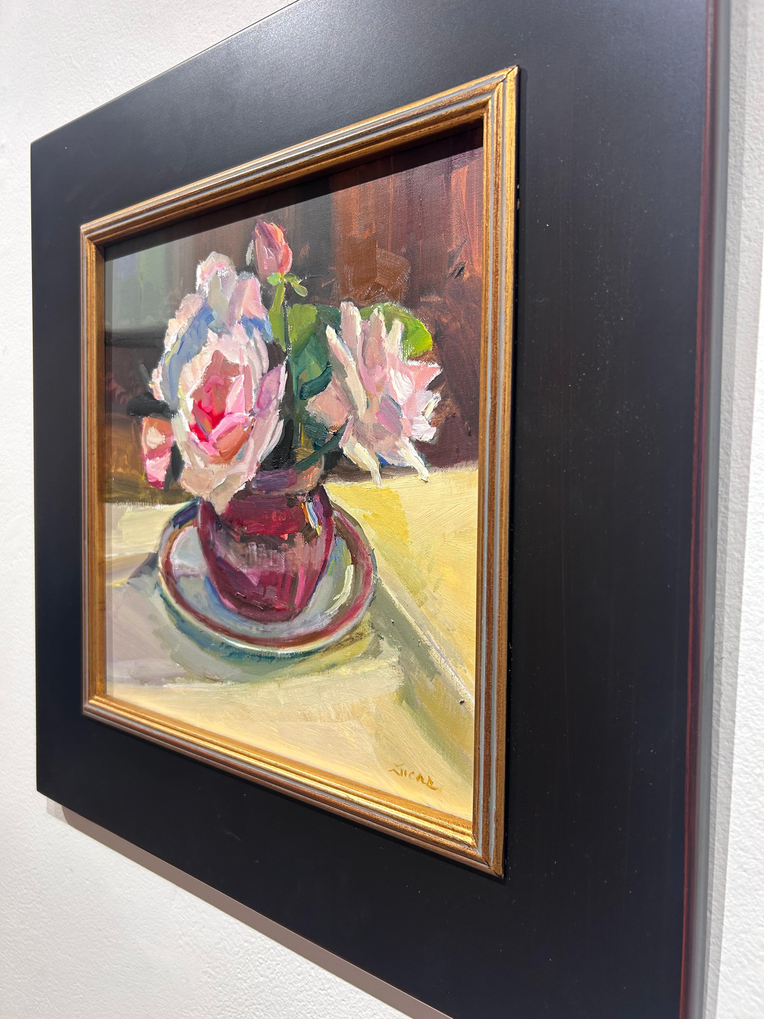 Peinture à l'huile « Pink Roses in Raspberry Glass », 12 x 12, Maryann Lucas en vente 2