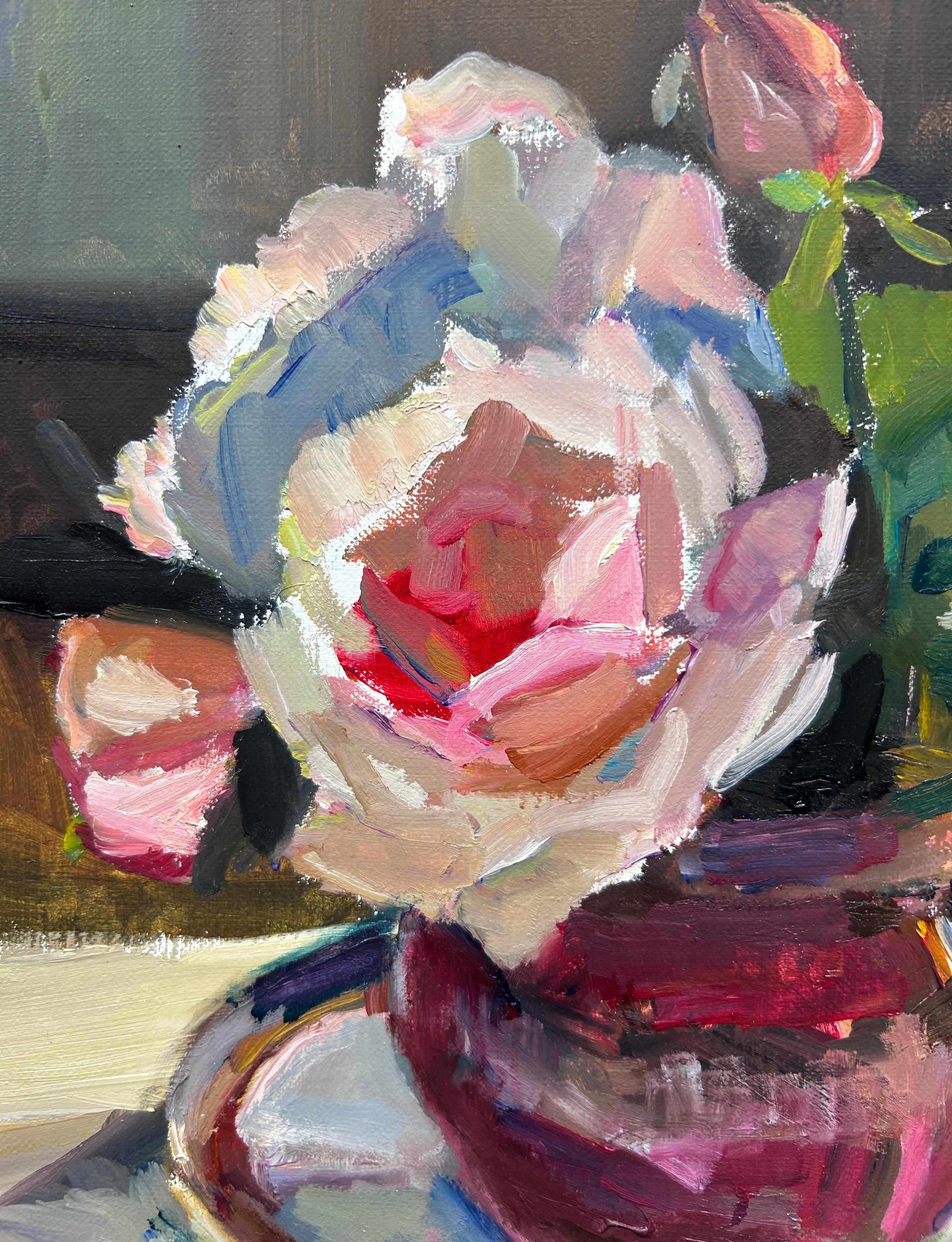 Peinture à l'huile « Pink Roses in Raspberry Glass », 12 x 12, Maryann Lucas en vente 5