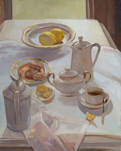 Peinture à l'huile « Tea with Treats » de Maryann Lucas, paysage de table, 30x24