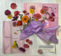 Used Maryann Lucas, "Zinnias Having Fun", 34x37 Pink Floral Still Life Oil Painting