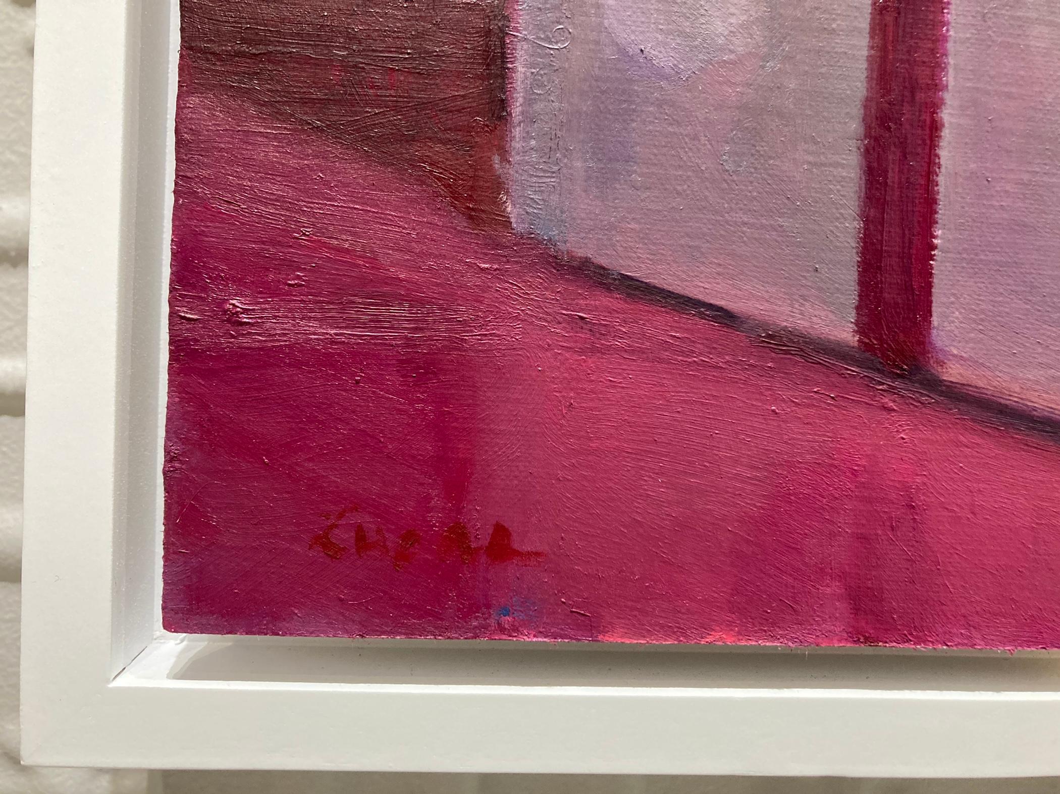 A painting of a perfectly wrapped white package against a magenta background.  Centered in the composition sits a white polka dot wrapped box, sitting with the edge directly down the middle of the canvas, and topped with a shiny magenta ribbon. The