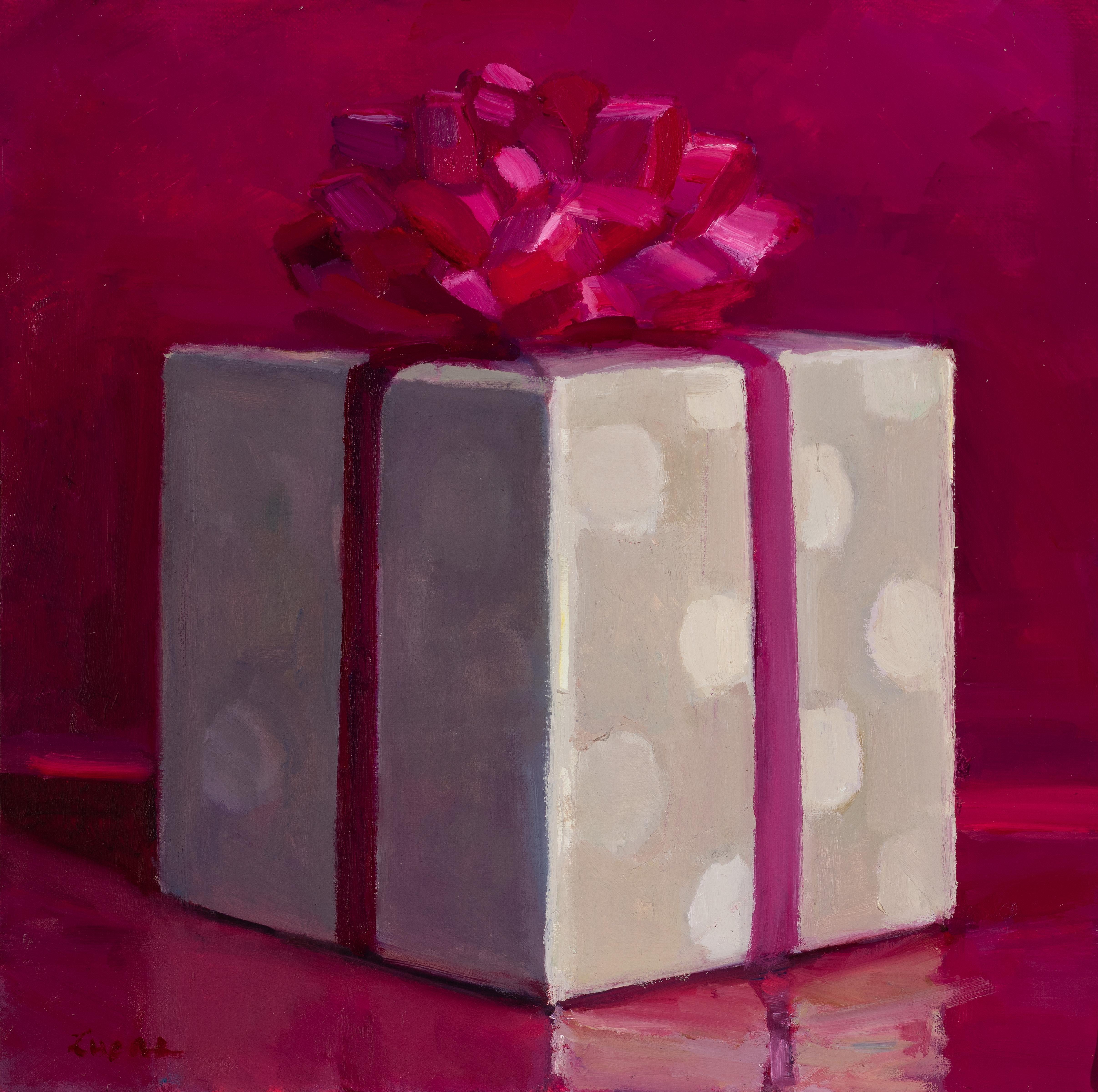 Maryann Lucas Still-Life Painting - "Present Perfect" contemporary oil painting of a wrapped gift, pretty in pink