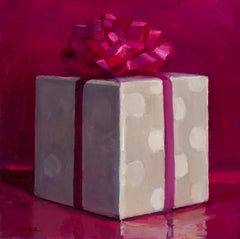 "Present Perfect" contemporary oil painting of a wrapped gift, pretty in pink