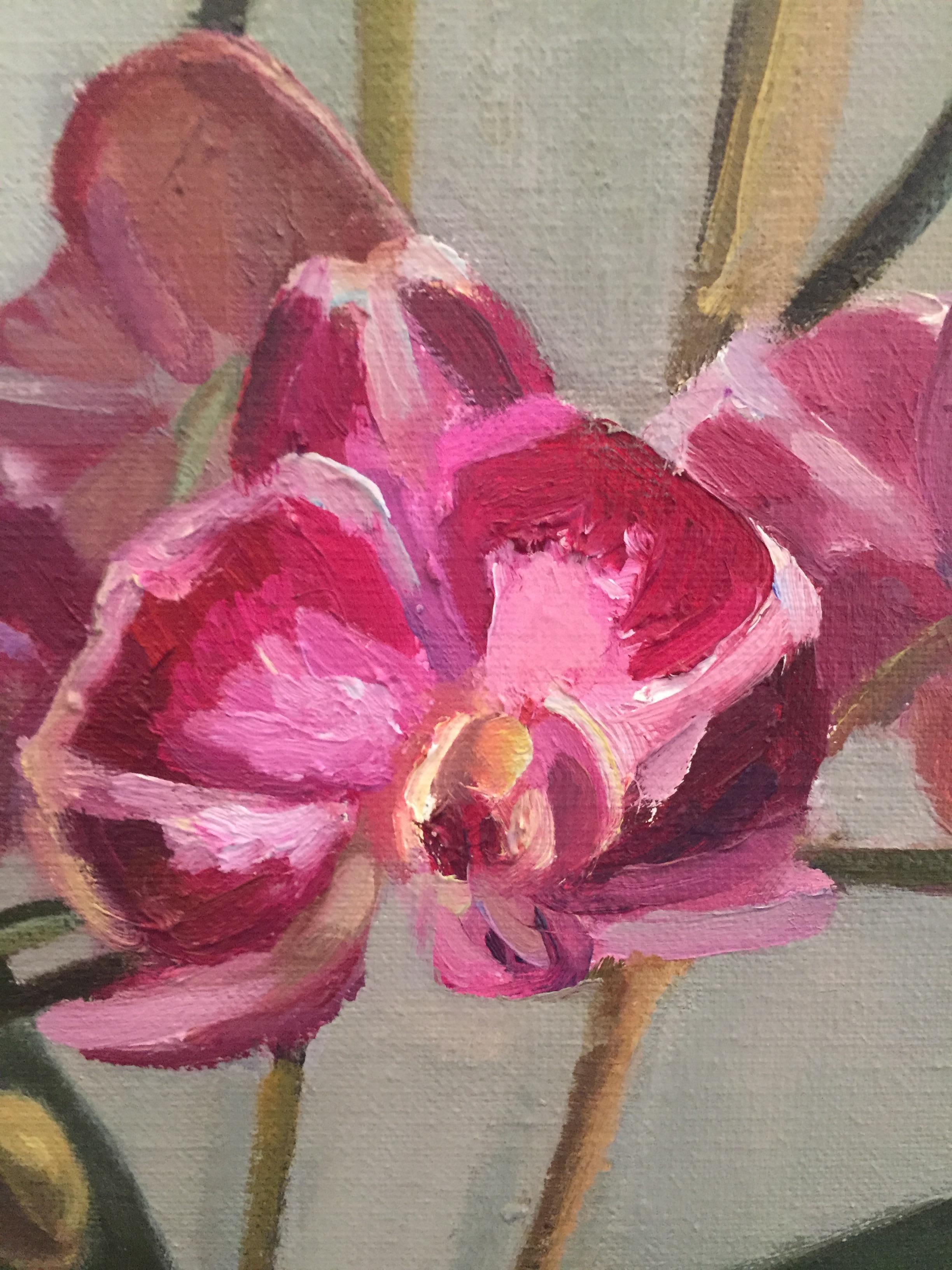 An oil painting of an array of colorful orchids and potted plants arranged before a linen backdrop. Painted from life in the artists studio, in Sag Harbor, New York. 


Maryann Lucas lives and works in Sag Harbor. She is primarily self-taught but