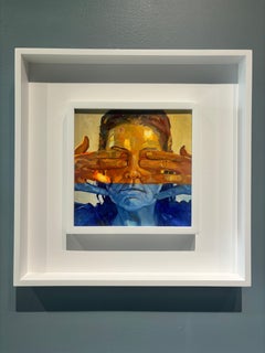 Quadro ad olio "See No Evil", autoritratto dell'artista che si copre gli occhi con le mani