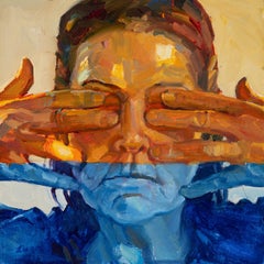 "See No Evil" oil painting, self portrait of artist covering her eyes with hands