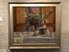 "Set for Service" Oil painting, still life of dinnerware on wood-panel backdrop
