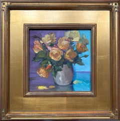 "Simple Beauty" colorful flower still life with orange, purple, and blue
