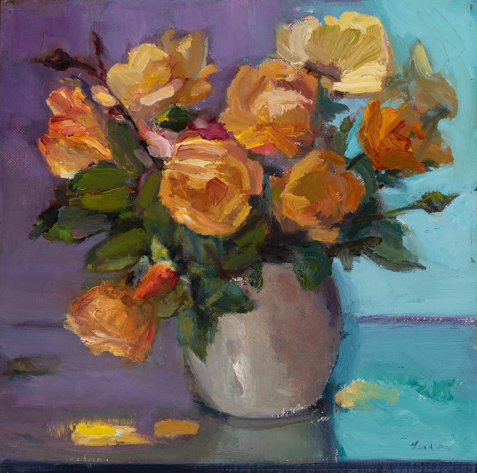 Maryann Lucas Still-Life Painting – „Simple Beauty“ farbenfrohes Blumenstillleben mit Orange, Violett und Blau