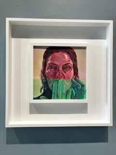 "Speak No Evil" oil painting, self-portrait of artist covering mouth with hand