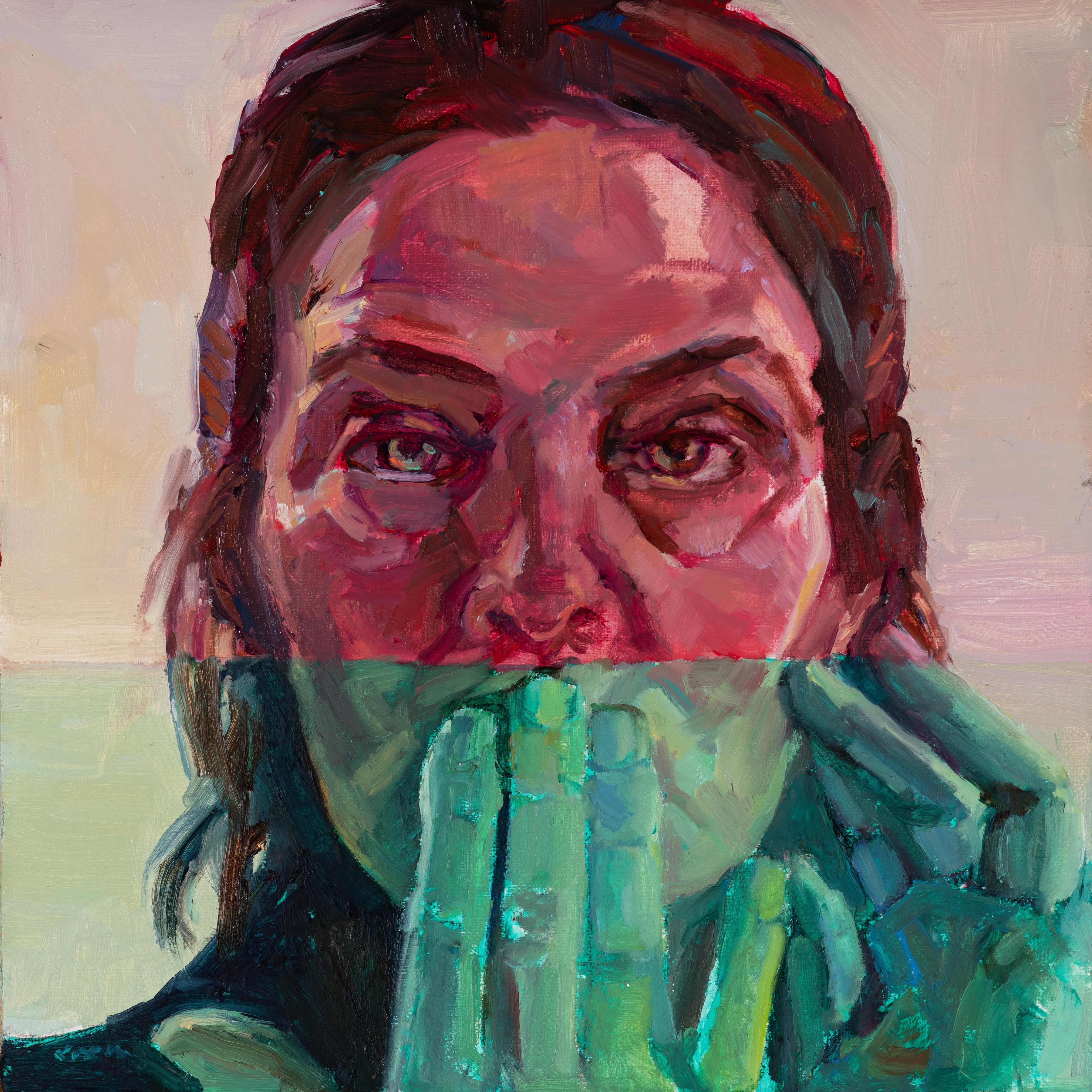 Maryann Lucas Figurative Painting - "Speak No Evil" oil painting, self-portrait of artist covering mouth with hand