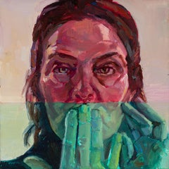 "Speak No Evil" oil painting, self-portrait of artist covering mouth with hand