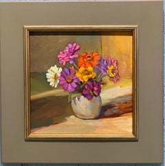 "Sunlight Across Zinnias" Impressionist oil painting, flowers in white vase