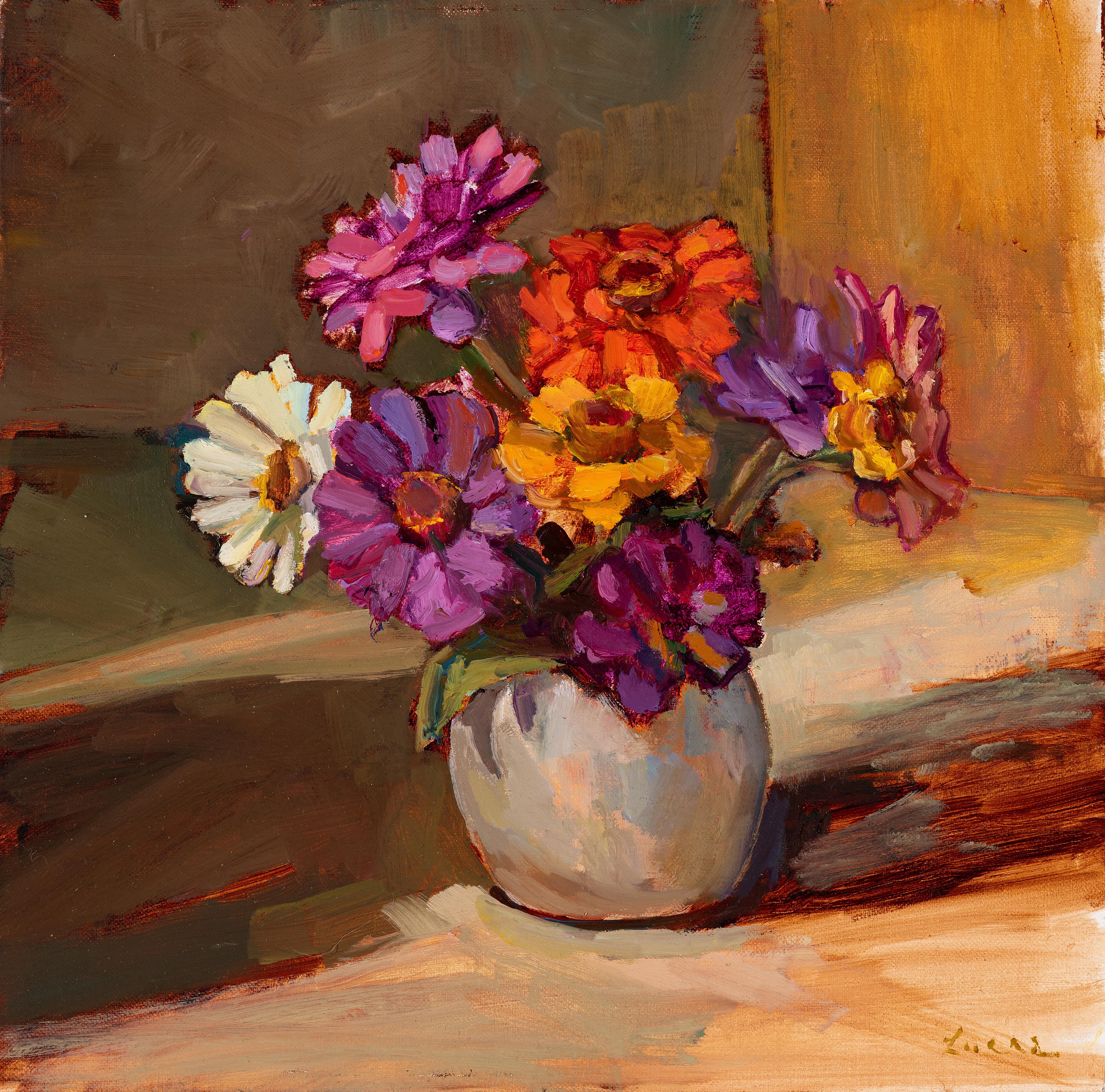 Maryann Lucas Still-Life Painting - "Sunlight Across Zinnias" Impressionist oil painting, flowers in white vase