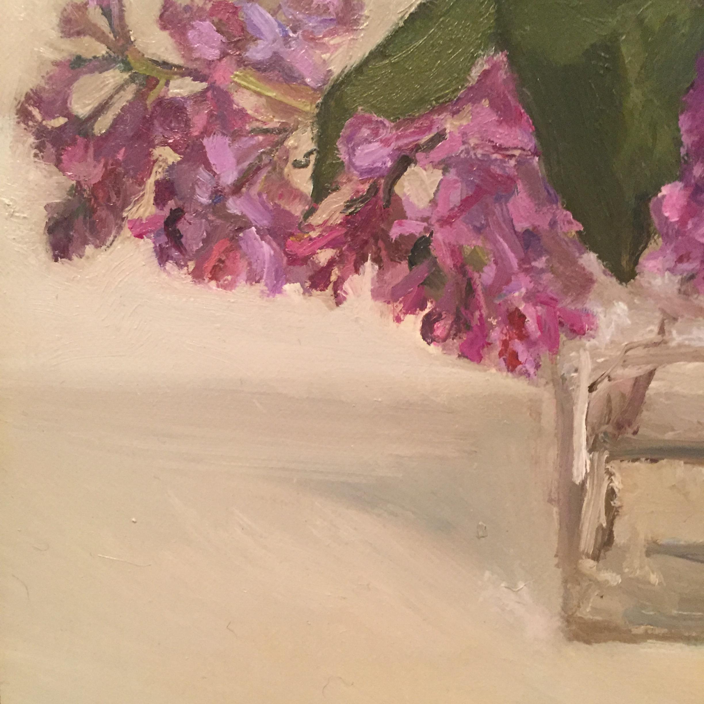 Three Little Lilacs - Gray Still-Life Painting by Maryann Lucas