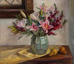 Peinture à l'huile "Welcome Home", nature morte de jolies fleurs colorées dans un vase sur une table