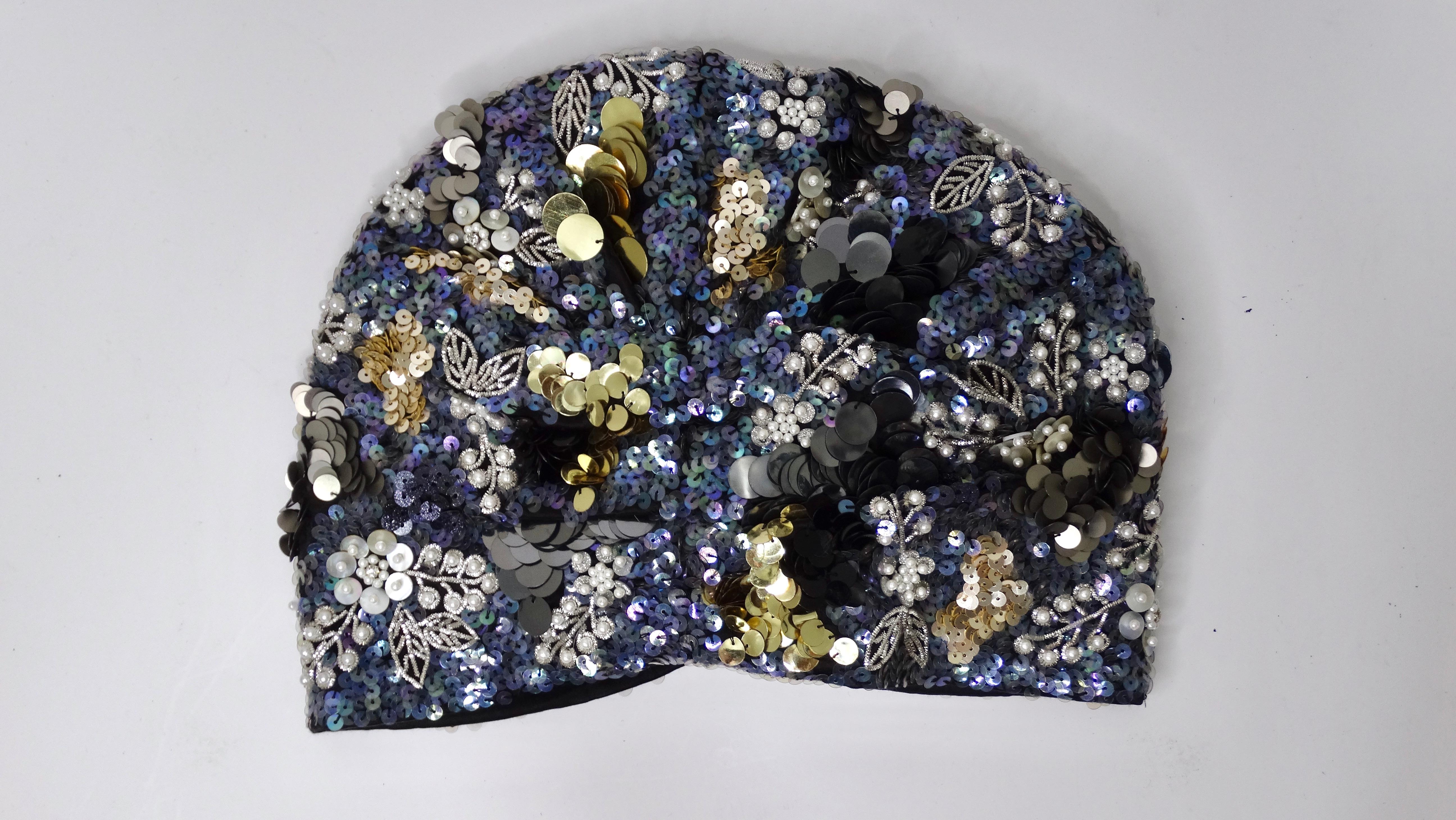Gray MaryJane Claverol Beaded Sequin Turban For Sale