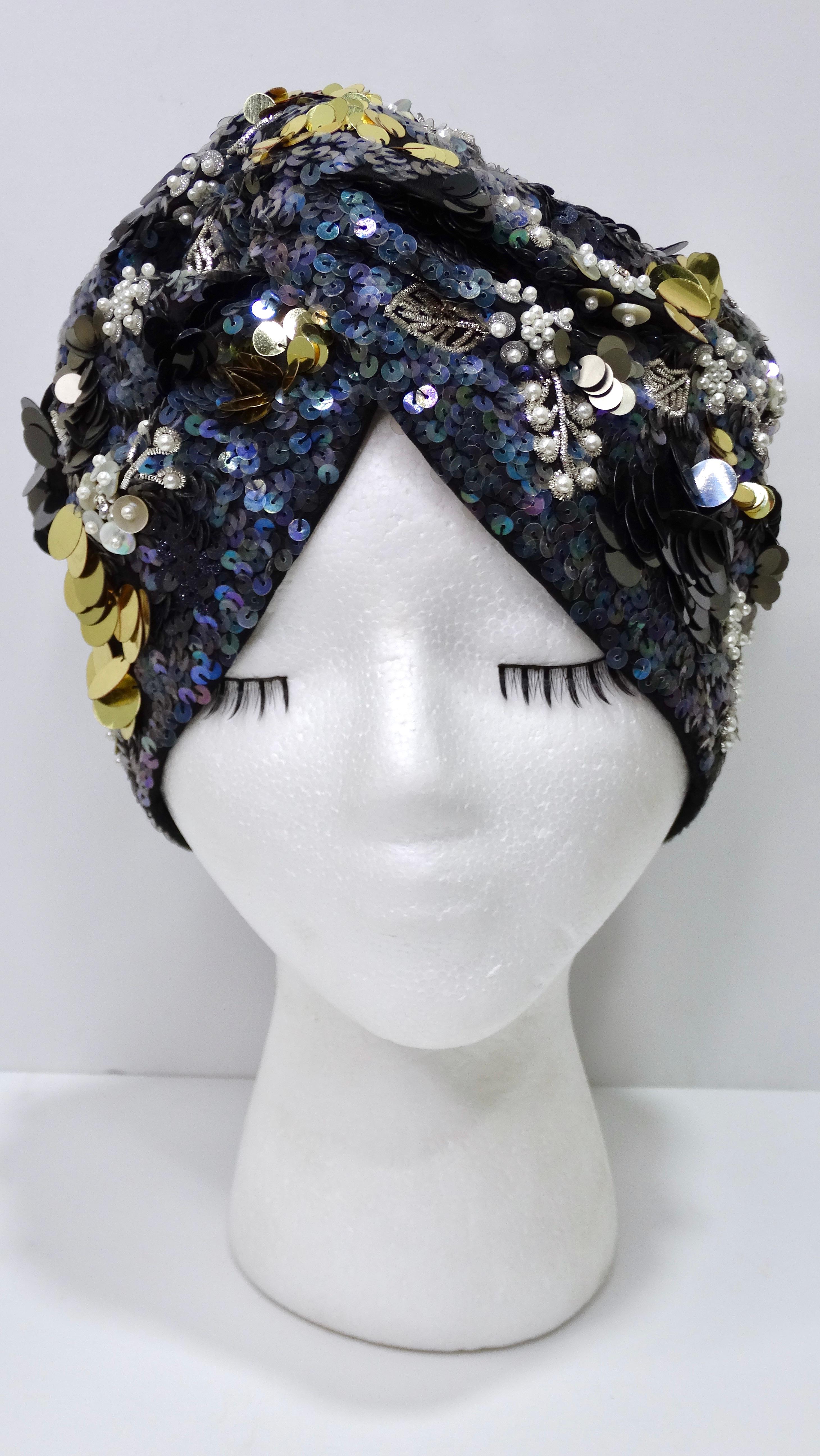 MaryJane Claverol Beaded Sequin Turban For Sale 2