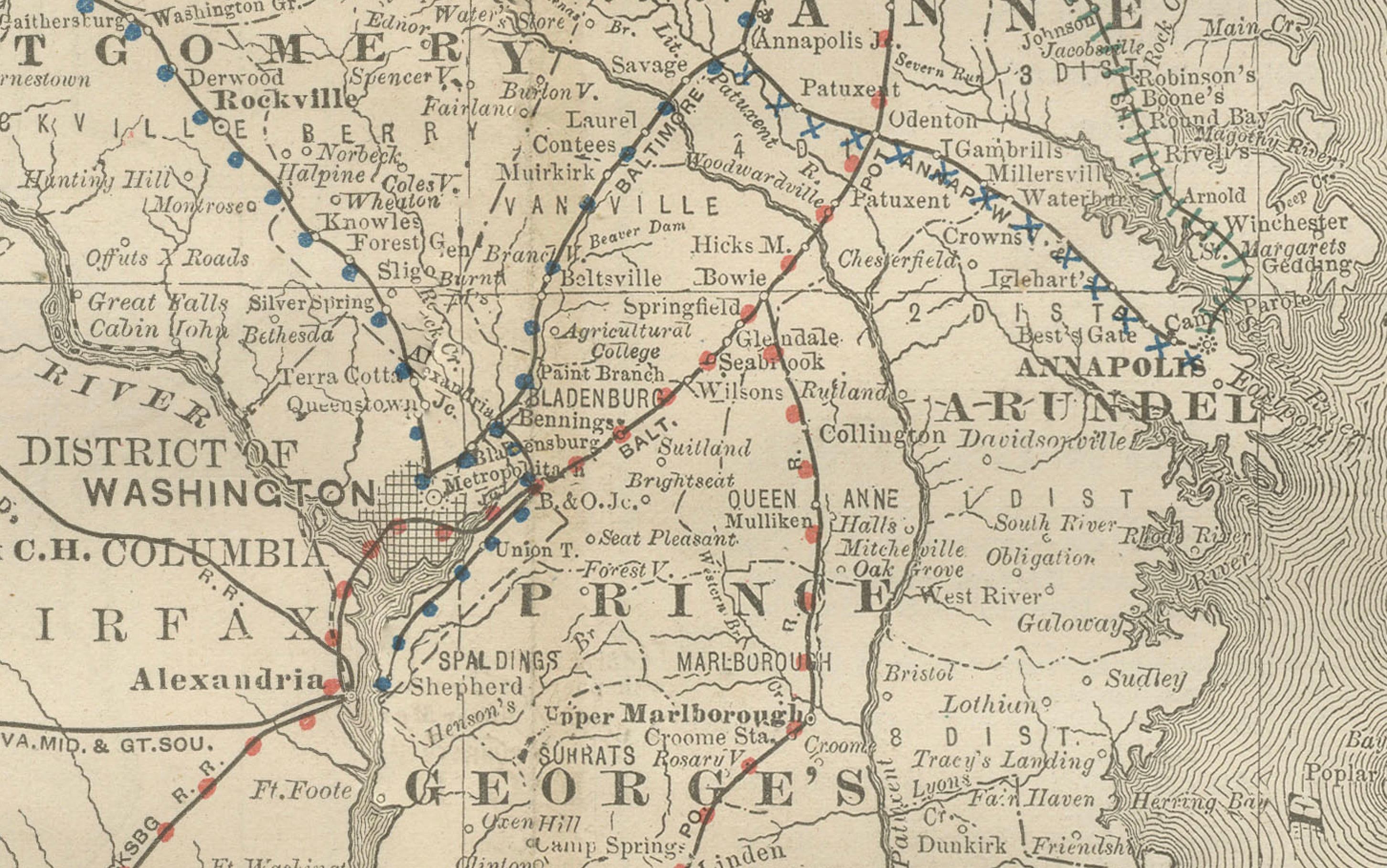 Mapa antiguo de Maryland, D.C. y Delaware  - Ferrocarriles estatales de línea antigua, c.1888 Grabado en venta