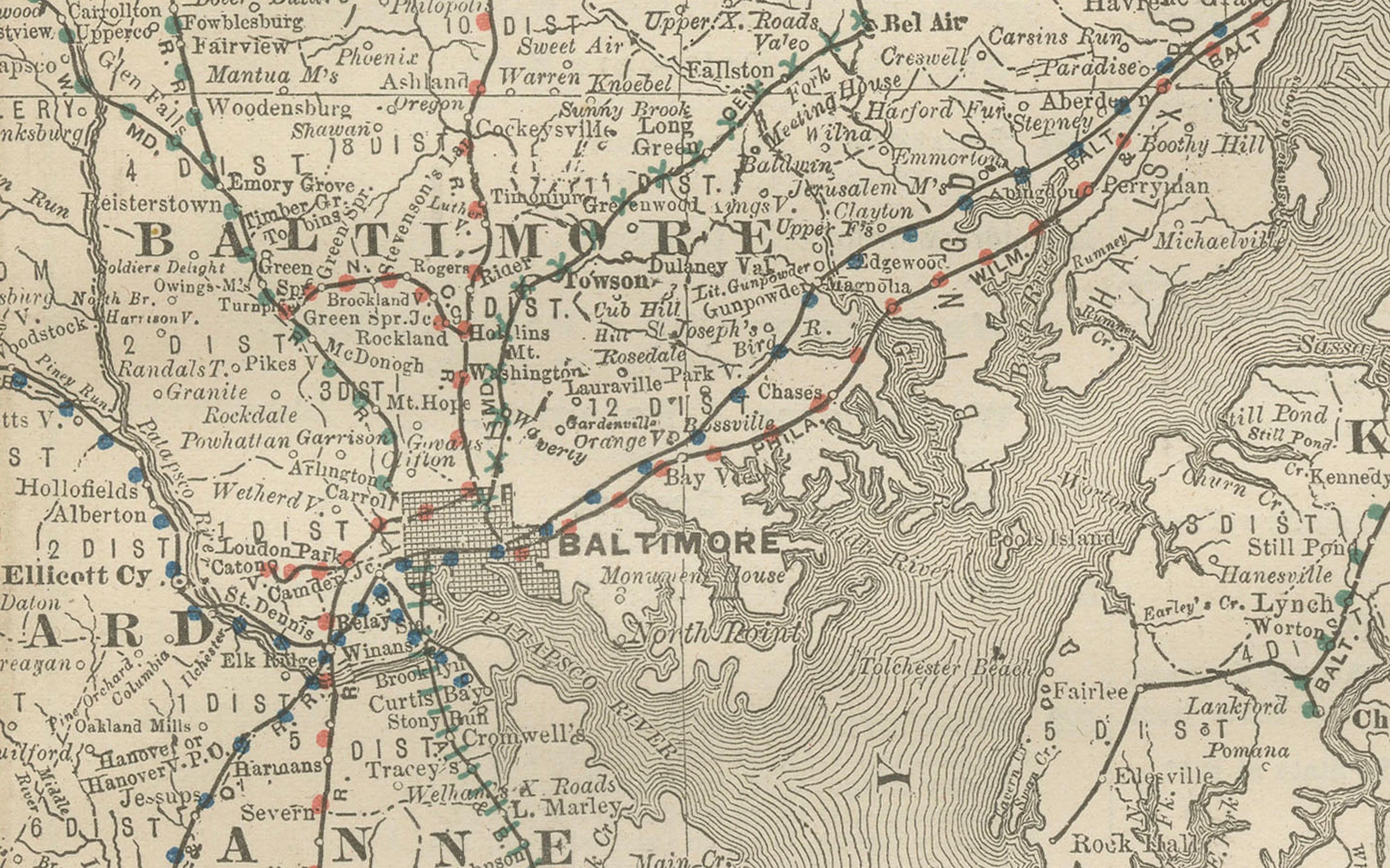 Mapa antiguo de Maryland, D.C. y Delaware  - Ferrocarriles estatales de línea antigua, c.1888 en Bueno estado para la venta en Langweer, NL