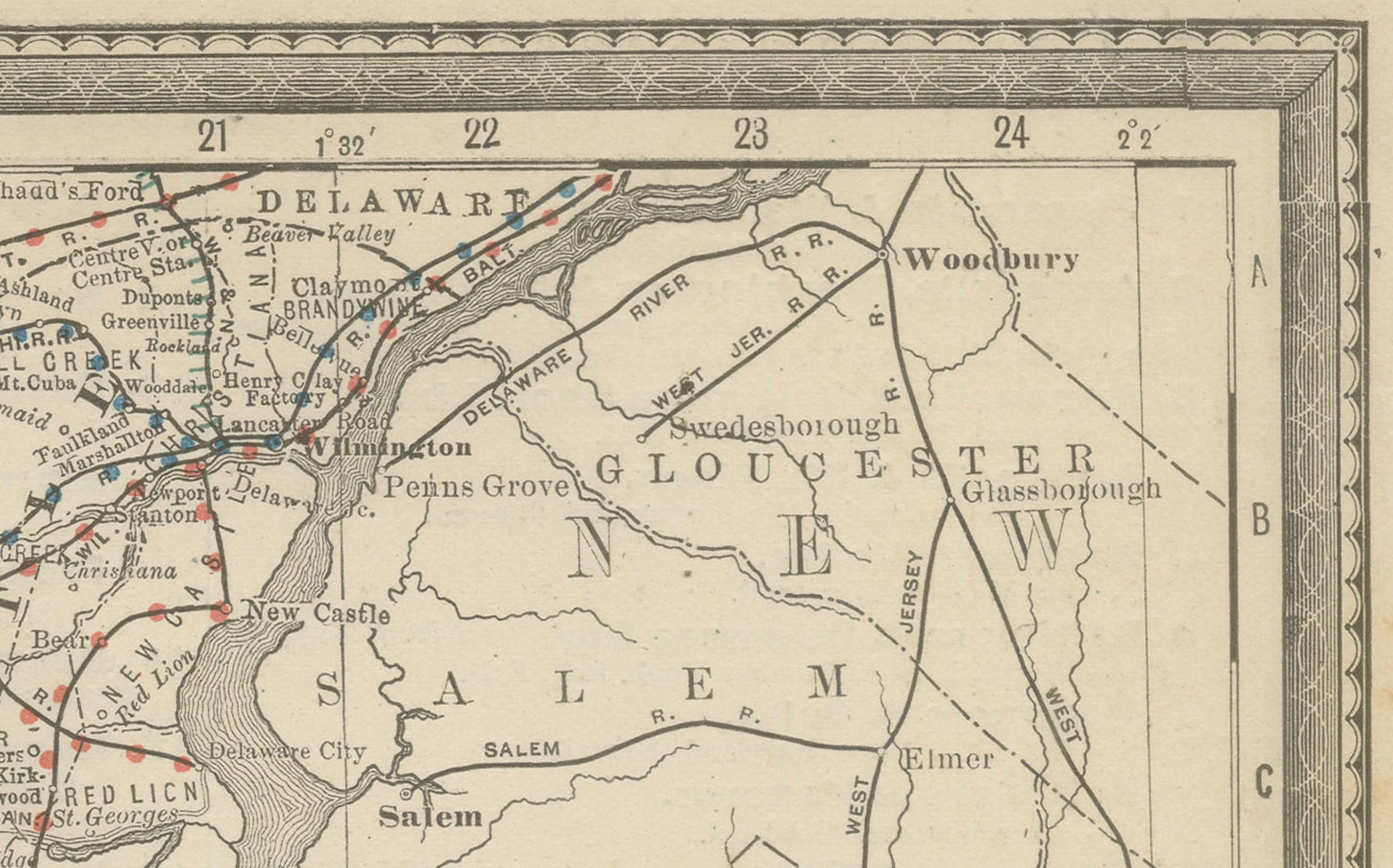 Mapa antiguo de Maryland, D.C. y Delaware  - Ferrocarriles estatales de línea antigua, c.1888 Papel en venta