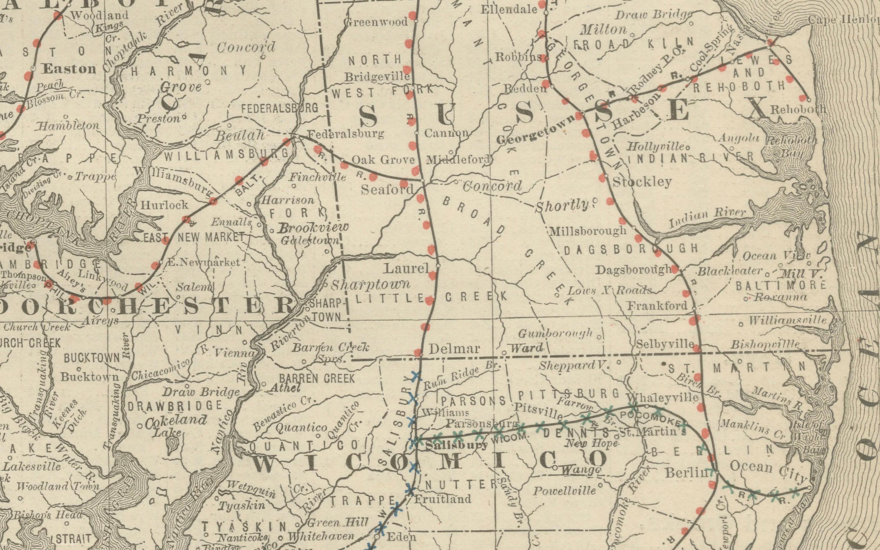 Mapa antiguo de Maryland, D.C. y Delaware  - Ferrocarriles estatales de línea antigua, c.1888 en venta 1