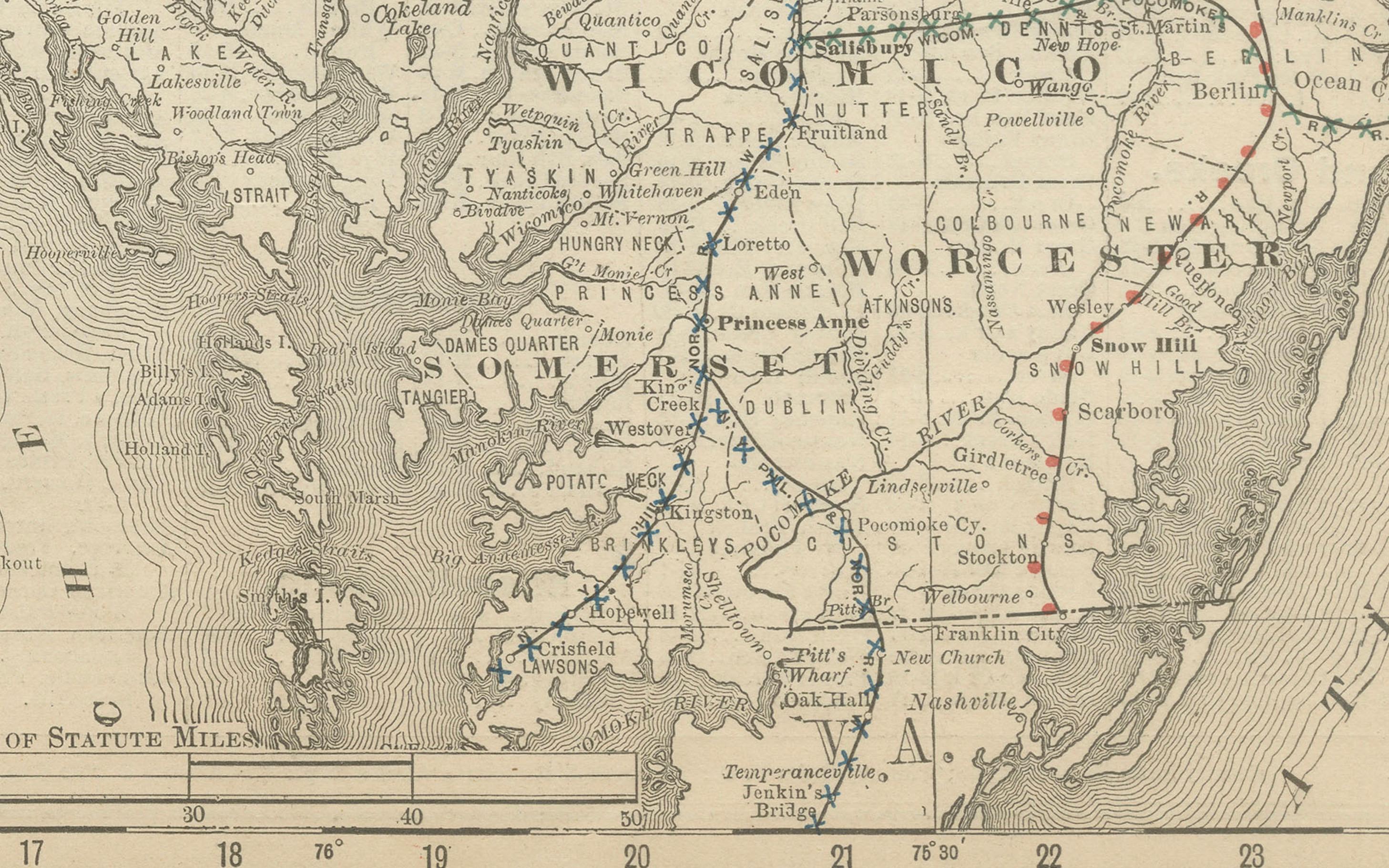 Mapa antiguo de Maryland, D.C. y Delaware  - Ferrocarriles estatales de línea antigua, c.1888 en venta 2