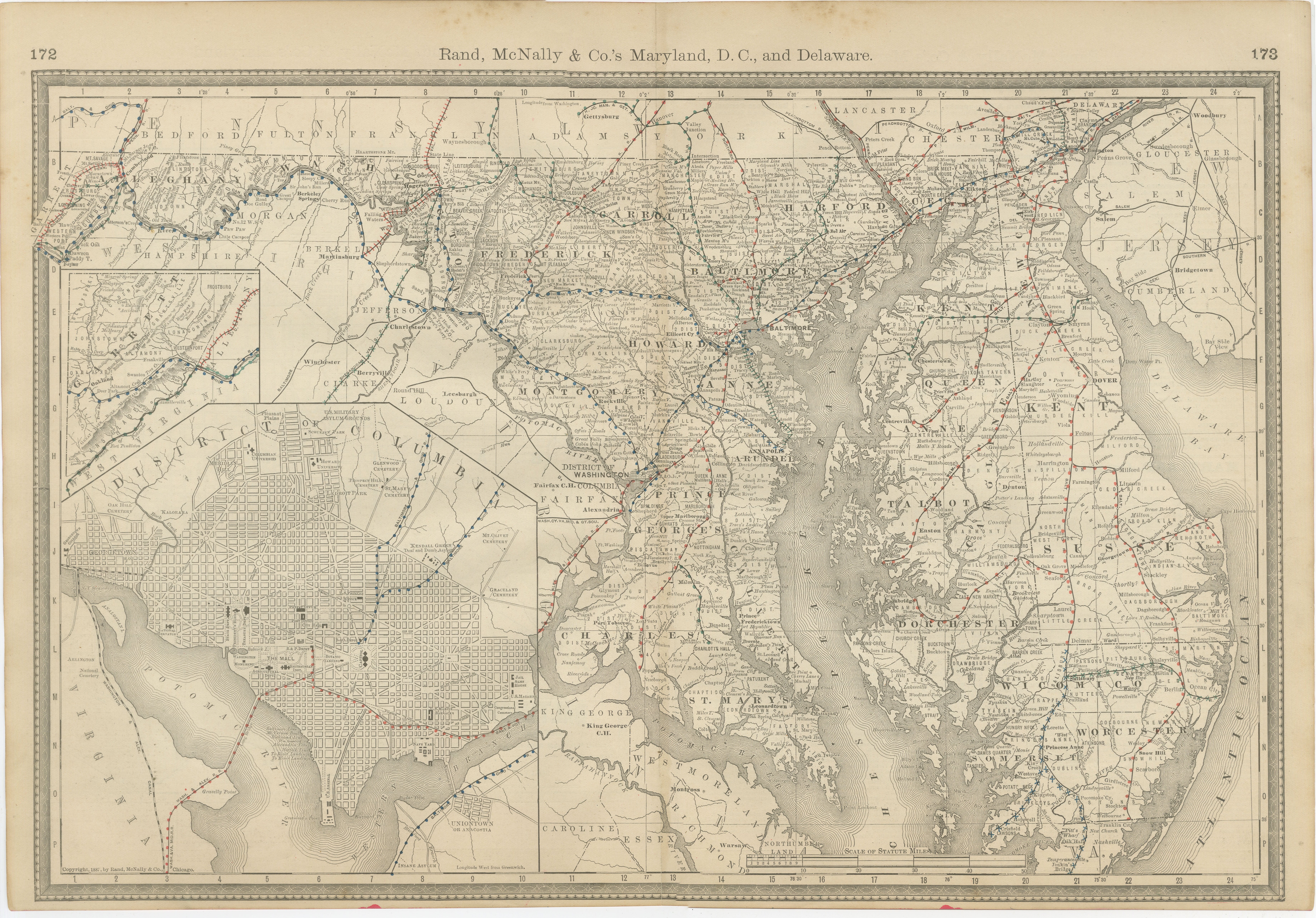 Carte ancienne du Maryland, C.I.C. & Delaware  - Chemins de fer d'État de l'ancienne ligne, c.1888