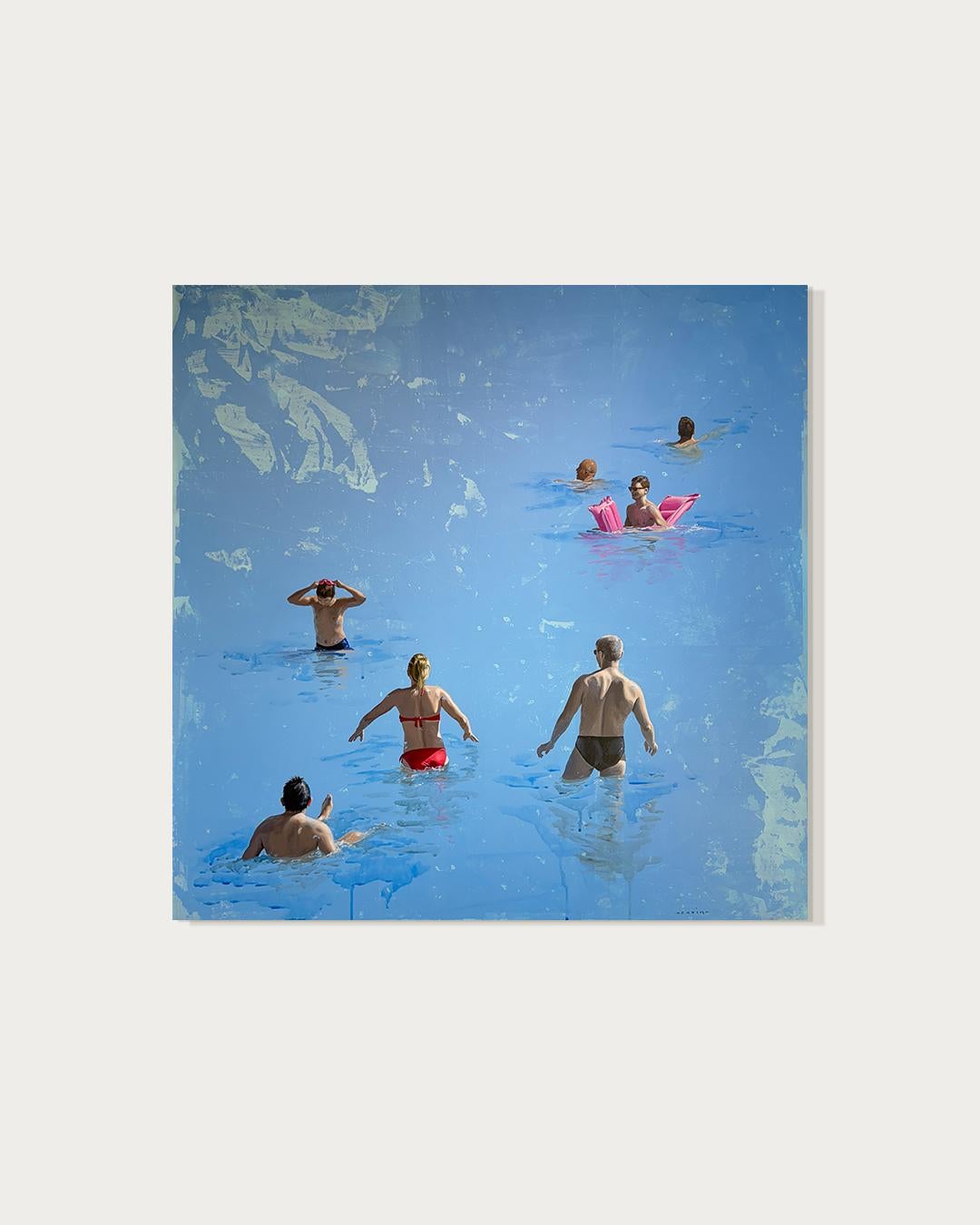 Sommervergnügen - Marylin Cavin - zeitgenössische Ozeanschwimmer Menschen Malerei im Angebot 1