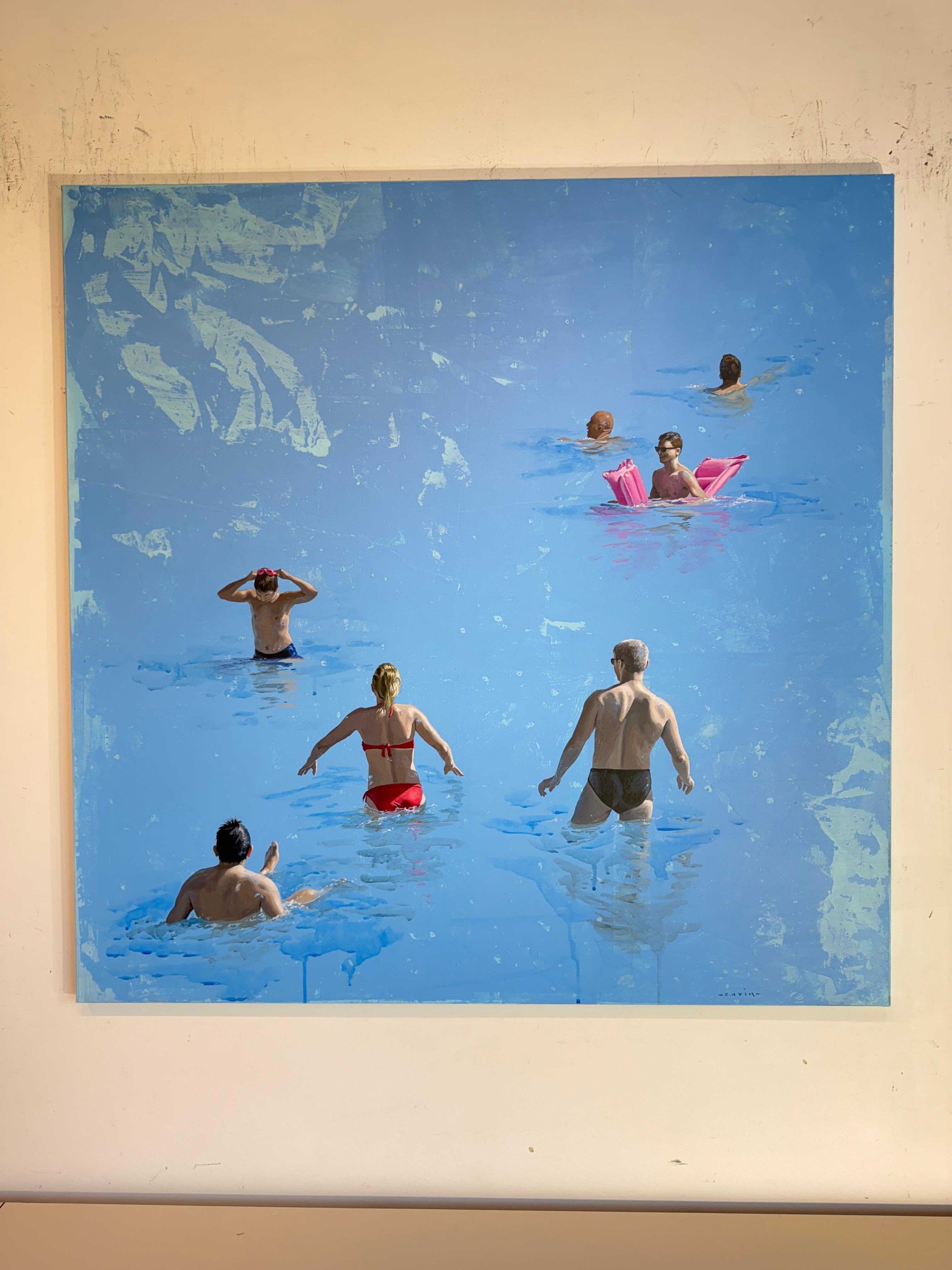 Sommervergnügen - Marylin Cavin - zeitgenössische Ozeanschwimmer Menschen Malerei im Angebot 3