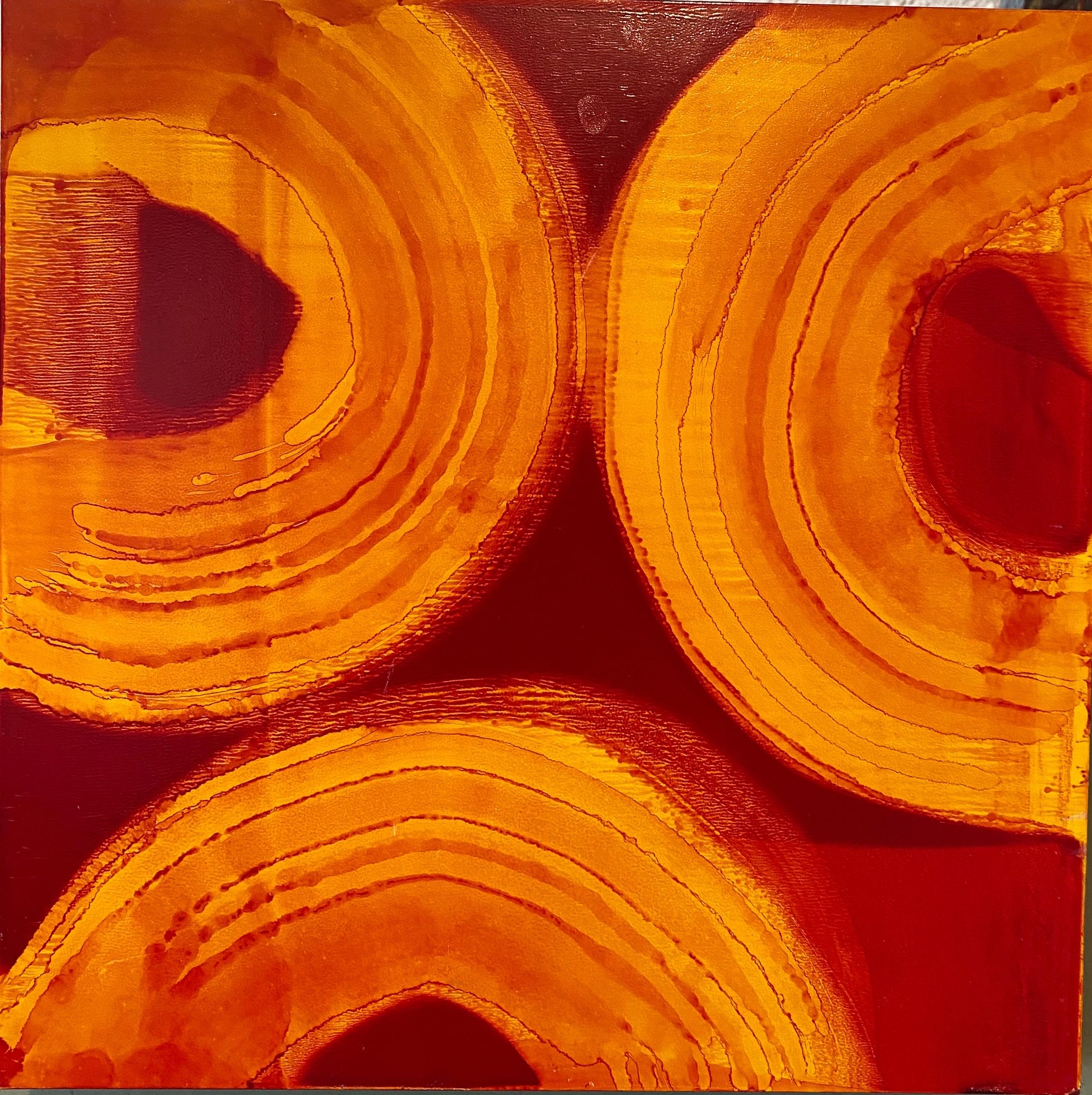 Abstract Red Persimmon Oil Painting on Panel Marylyn Dintenfass Modernist For Sale 1