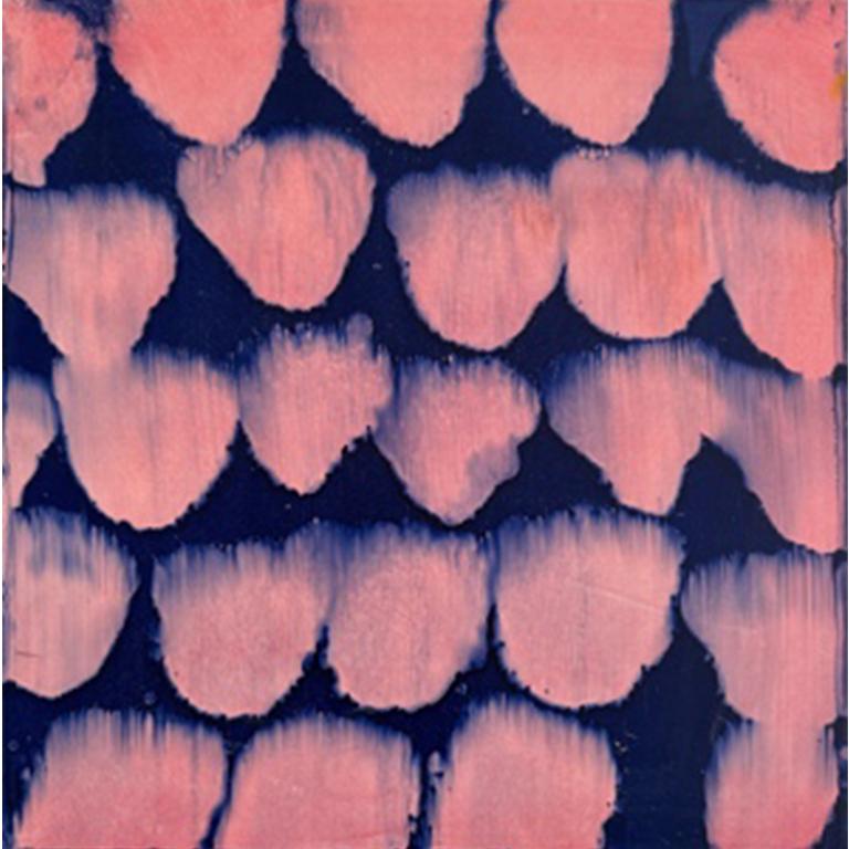 Available at Madelyn Jordon Fine Art. 'Poof' by Marylyn Dintenfass, 2004. Oil on panel, 12 x 12 in. This abstract painting features a palette of pink and blue. Through a distinctive fusion of abstraction, vibrant color, and texture, Dintenfass