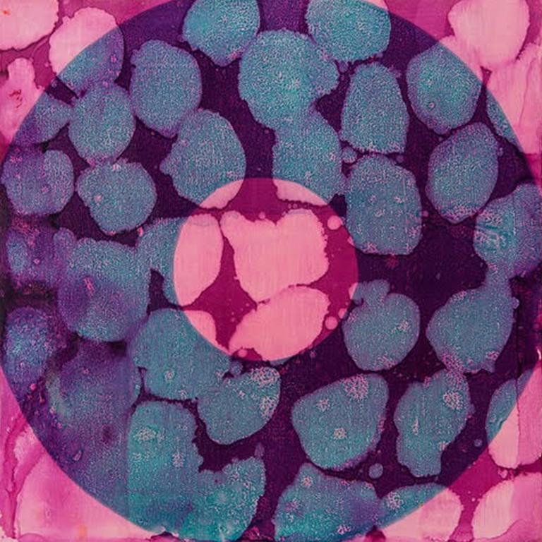 Leuchtend, abstraktes, geometrisches Gemälde „Circuitious“ von Marylyn Dintenfass