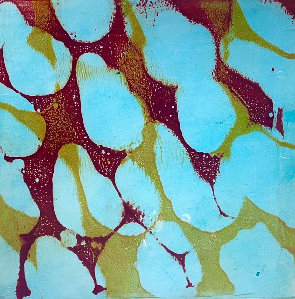 Available at Madelyn Jordon Fine Art. 'Payday by Marylyn Dintenfass, 2009. Oil on panel, 12 x 12 in. This abstract painting features a vibrant palette of blue, green, and brown. Through a distinctive fusion of abstraction, vibrant color, and