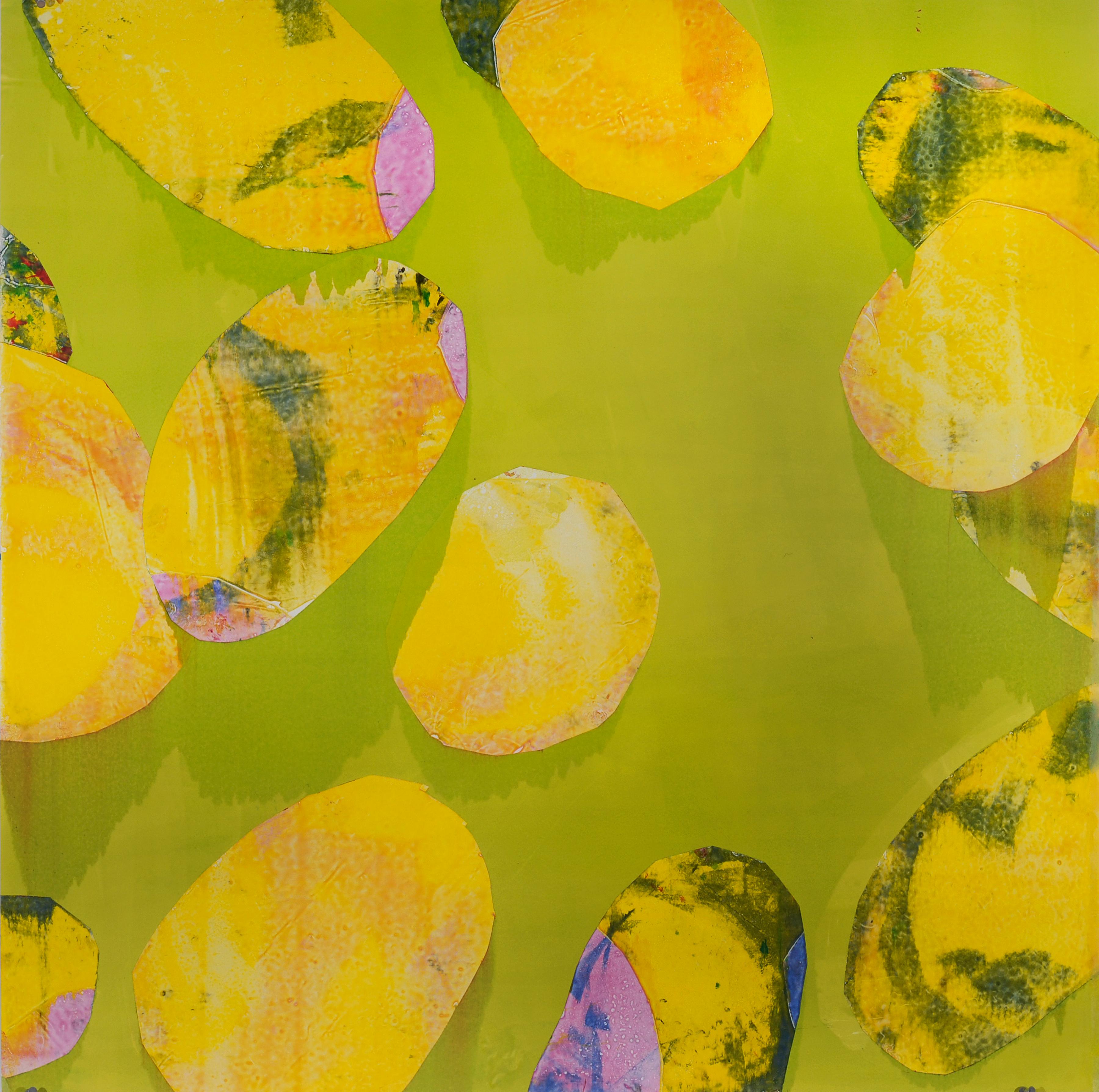 A limited edition print from Marylyn Dintenfass's Parallel Park series, "Caprice Classic"  features a tropical palette of bright yellow, lime green, and lavender. Yellow elliptical shapes evoking citrus fruit gather in a breezy composition. 